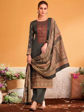 Mumtaz Arts Pure Cotton Satin Unstitched Salwar Suit Dark Grey