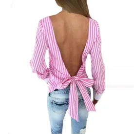 2017 Pink Striped Blusas Shirts Women Bowknot Backless Long Sleeve Sexy Blouse Women Bandage Shirts Plus Size Summer Tops M0132