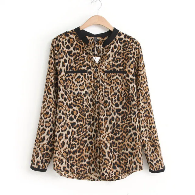 2017 Women  Blouse Leopard Print Shirt Long sleeve V -Neck Top Loose Blouses Plus Size Chiffon Shirt Camisa Feminina Clothing