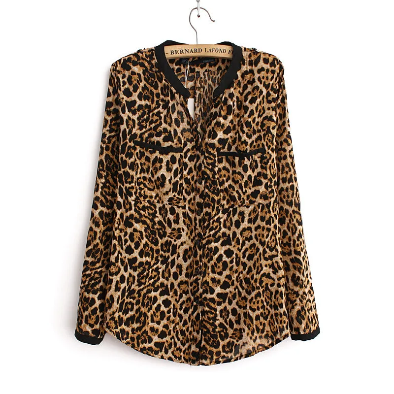 2017 Women  Blouse Leopard Print Shirt Long sleeve V -Neck Top Loose Blouses Plus Size Chiffon Shirt Camisa Feminina Clothing