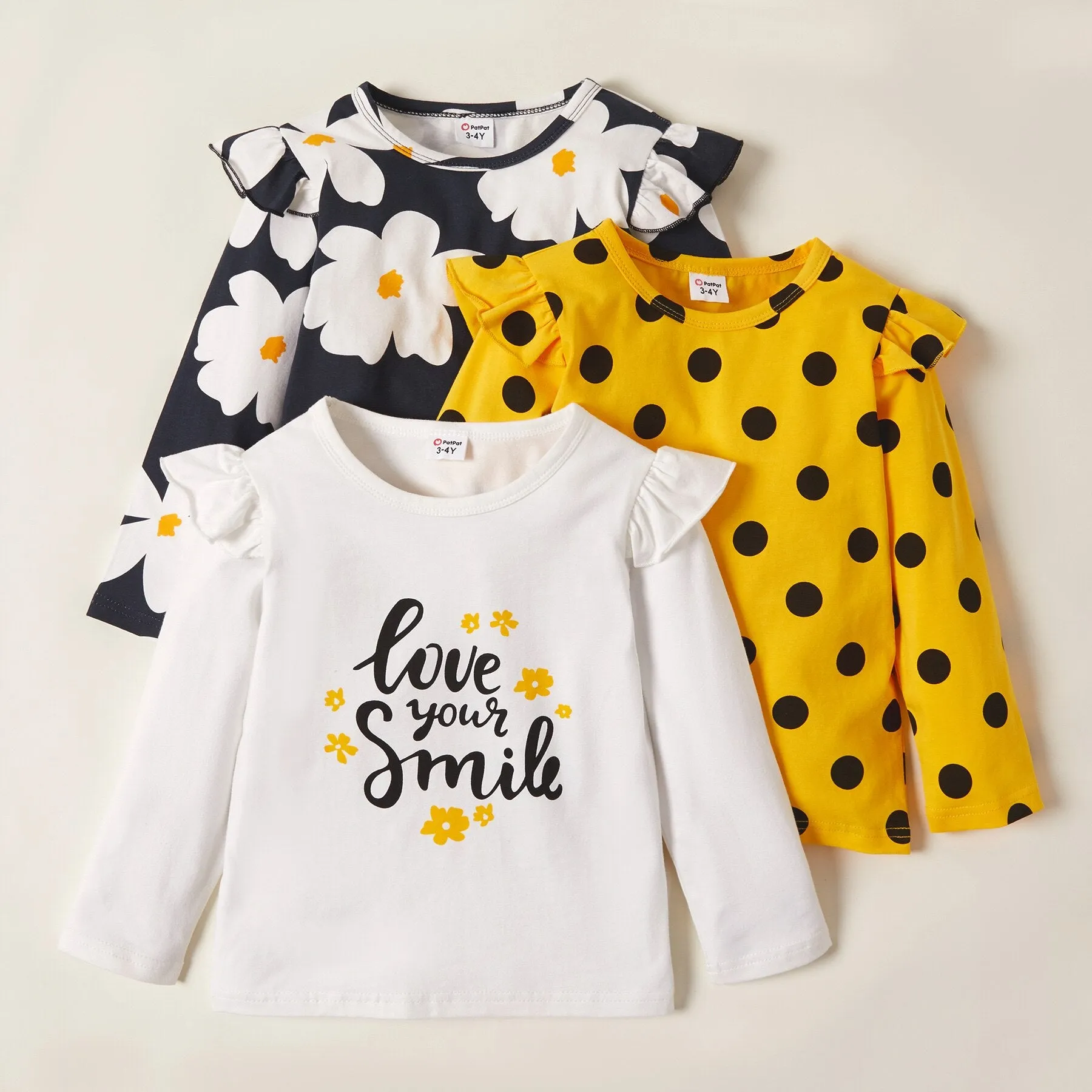 3 Pack  Floral Dots Long- Sleeve Cute T-Shirts For Kids