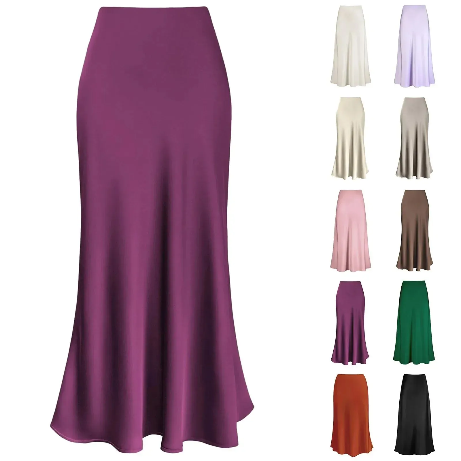 A-Line Pleated Long Skirts Summer Women 2024 Korean Skirt Streetwear Elastic Waist Solid Elegant Satin Dress платье For Ladies