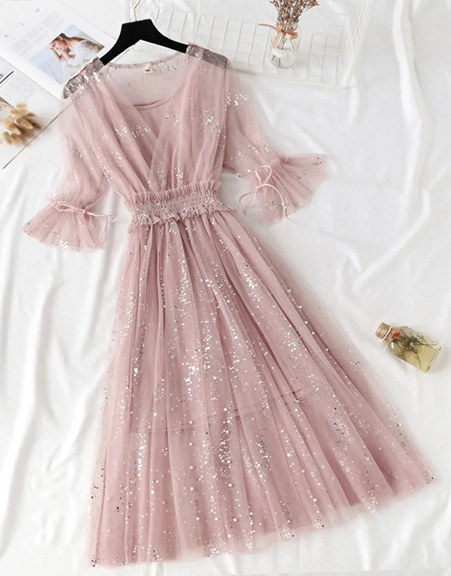 A line two pieces tulle dress with sequins  S89