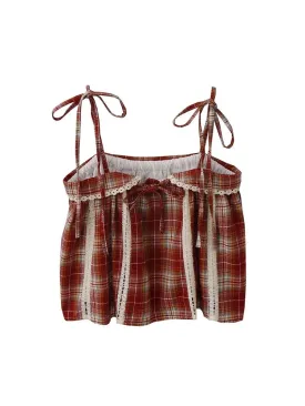 Advbridge -  Classic Retro Plaid Design Women New Suspender Lace Patchwork Pleated Shirt Female Tie Up Baggy Blouses Vintage Cozy Soft Chic