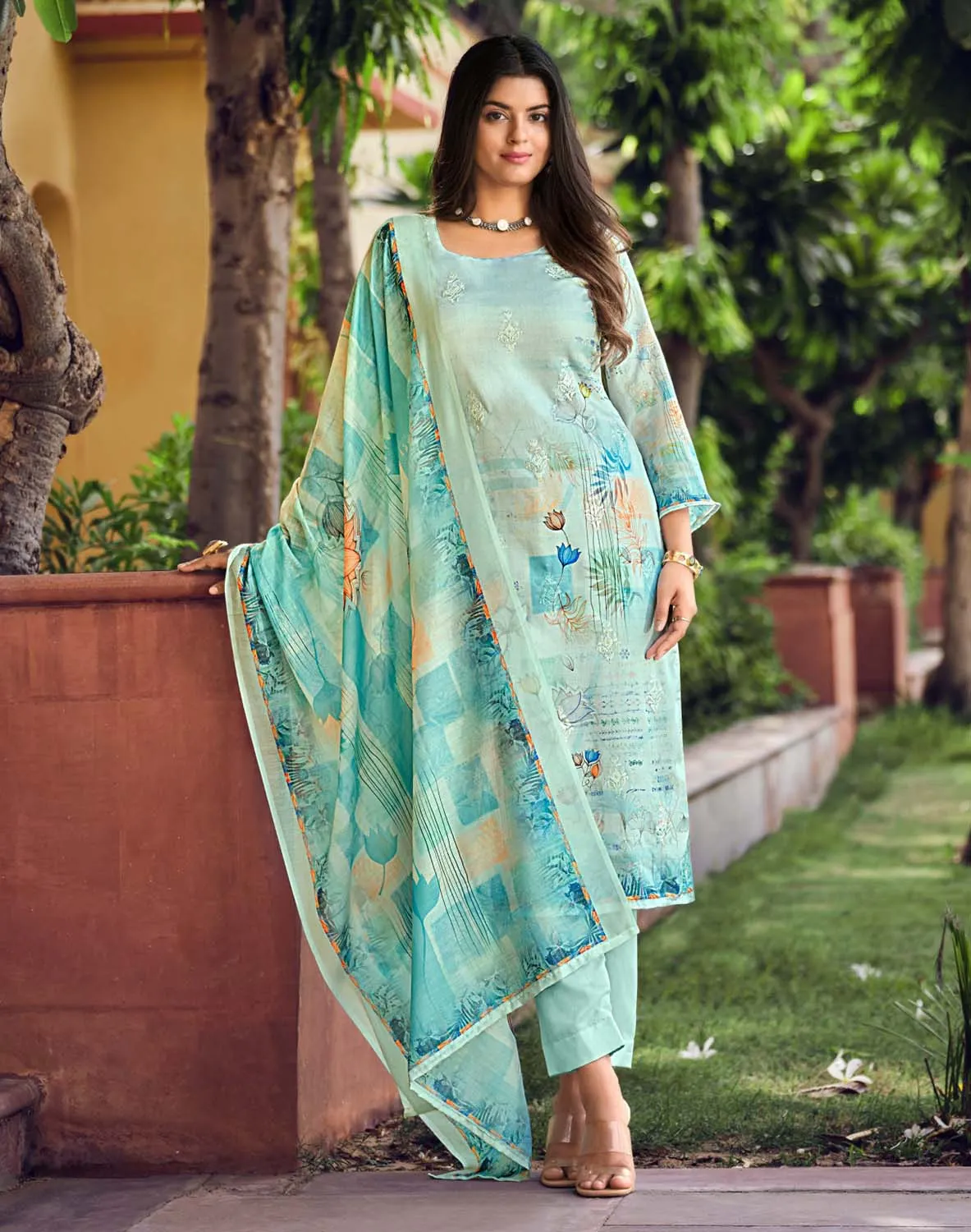 Belliza Unstitched Embroidered Women Cotton Suit Fabric Set