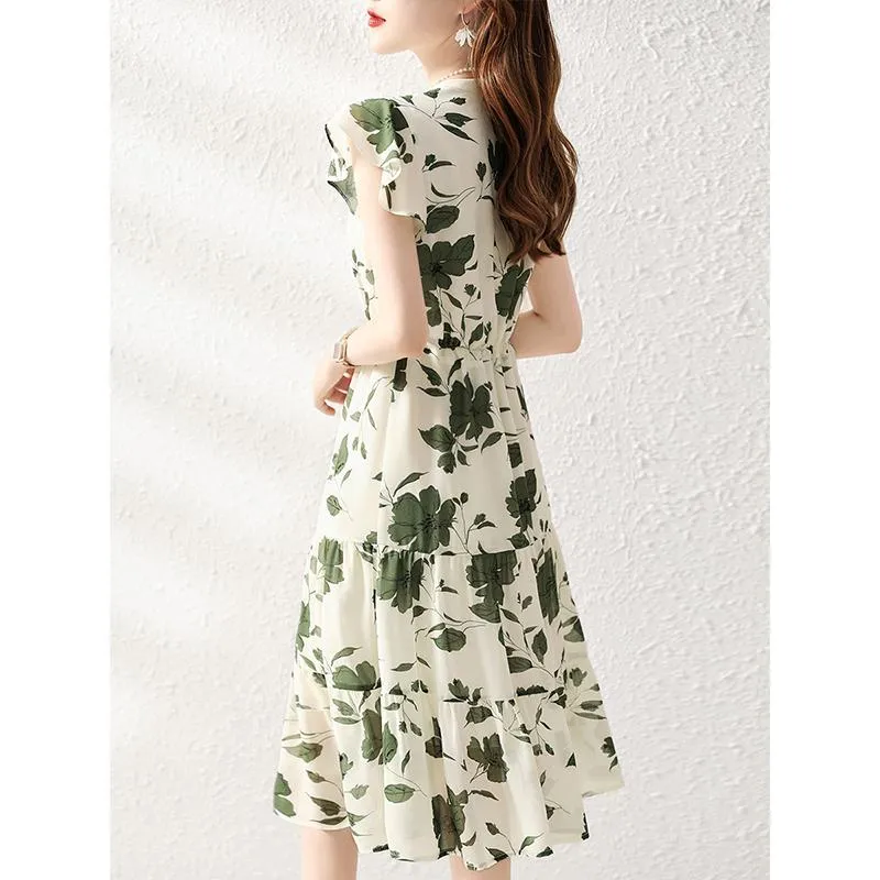 Belted Slimming Texture Floral Print Daily French Style Dress