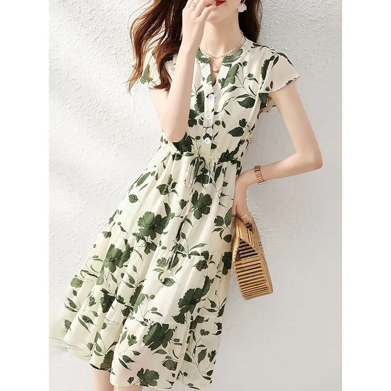 Belted Slimming Texture Floral Print Daily French Style Dress