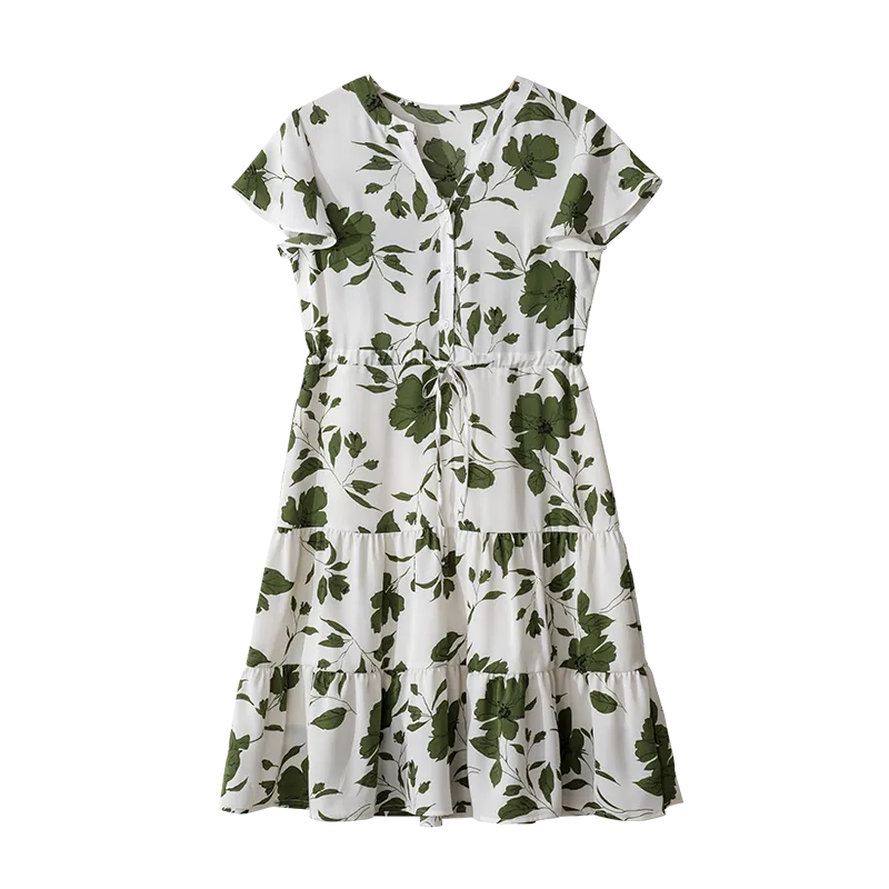 Belted Slimming Texture Floral Print Daily French Style Dress