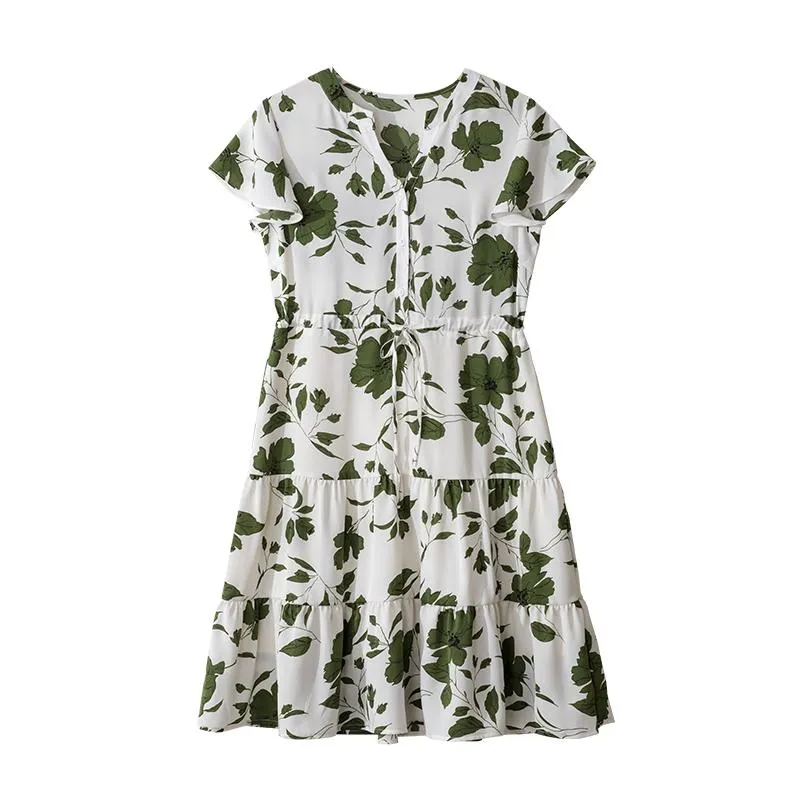 Belted Slimming Texture Floral Print Daily French Style Dress