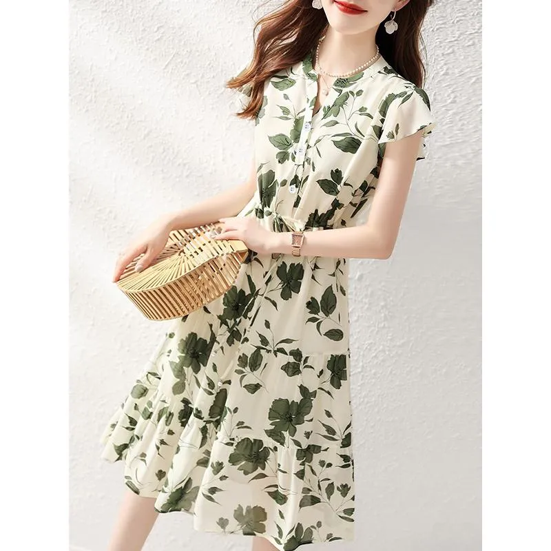 Belted Slimming Texture Floral Print Daily French Style Dress