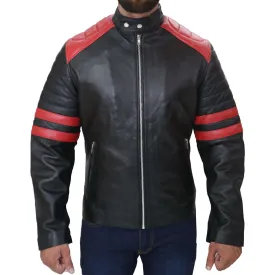 Black Café Racer with Red Strip Genuine Lambskin Leather Jacket