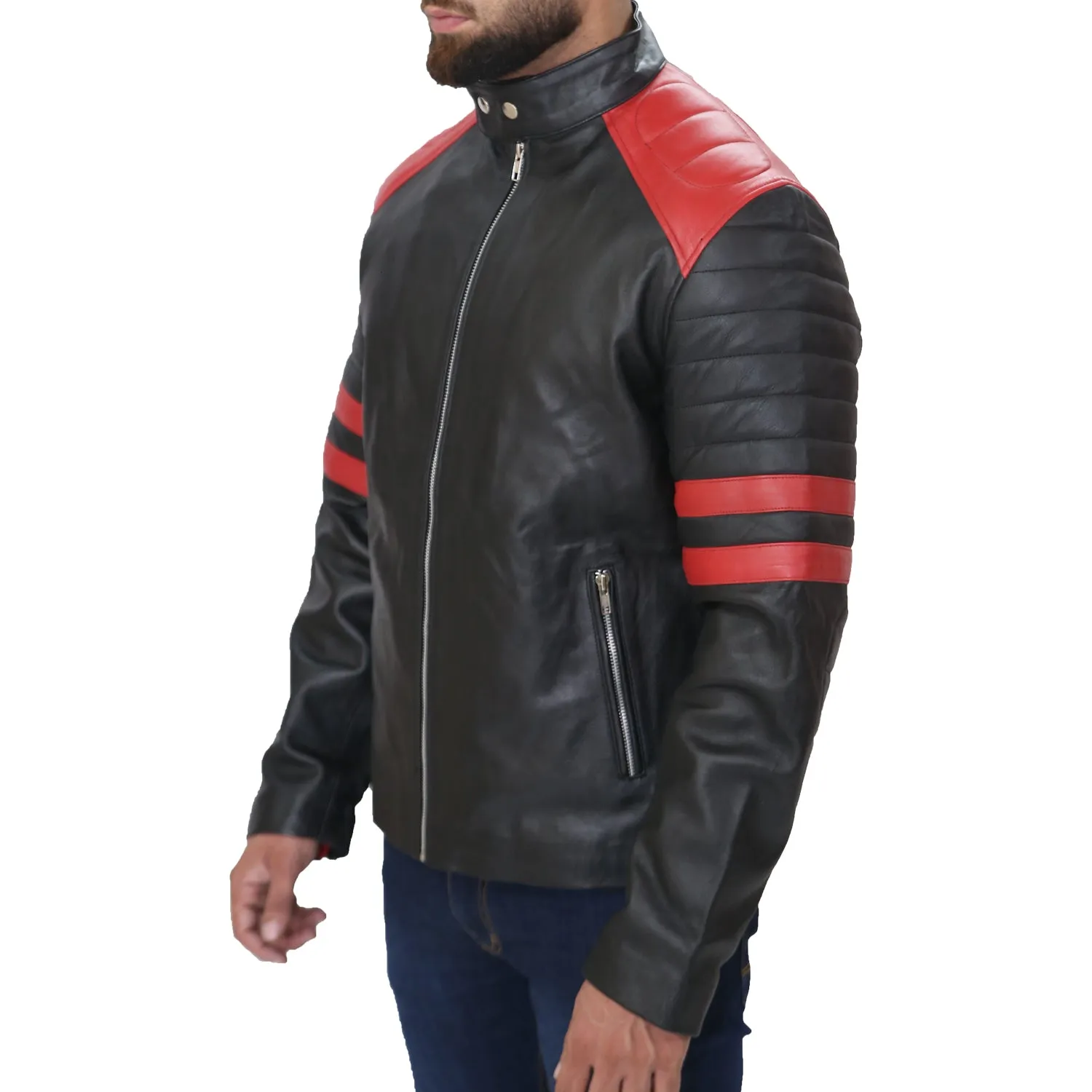 Black Café Racer with Red Strip Genuine Lambskin Leather Jacket