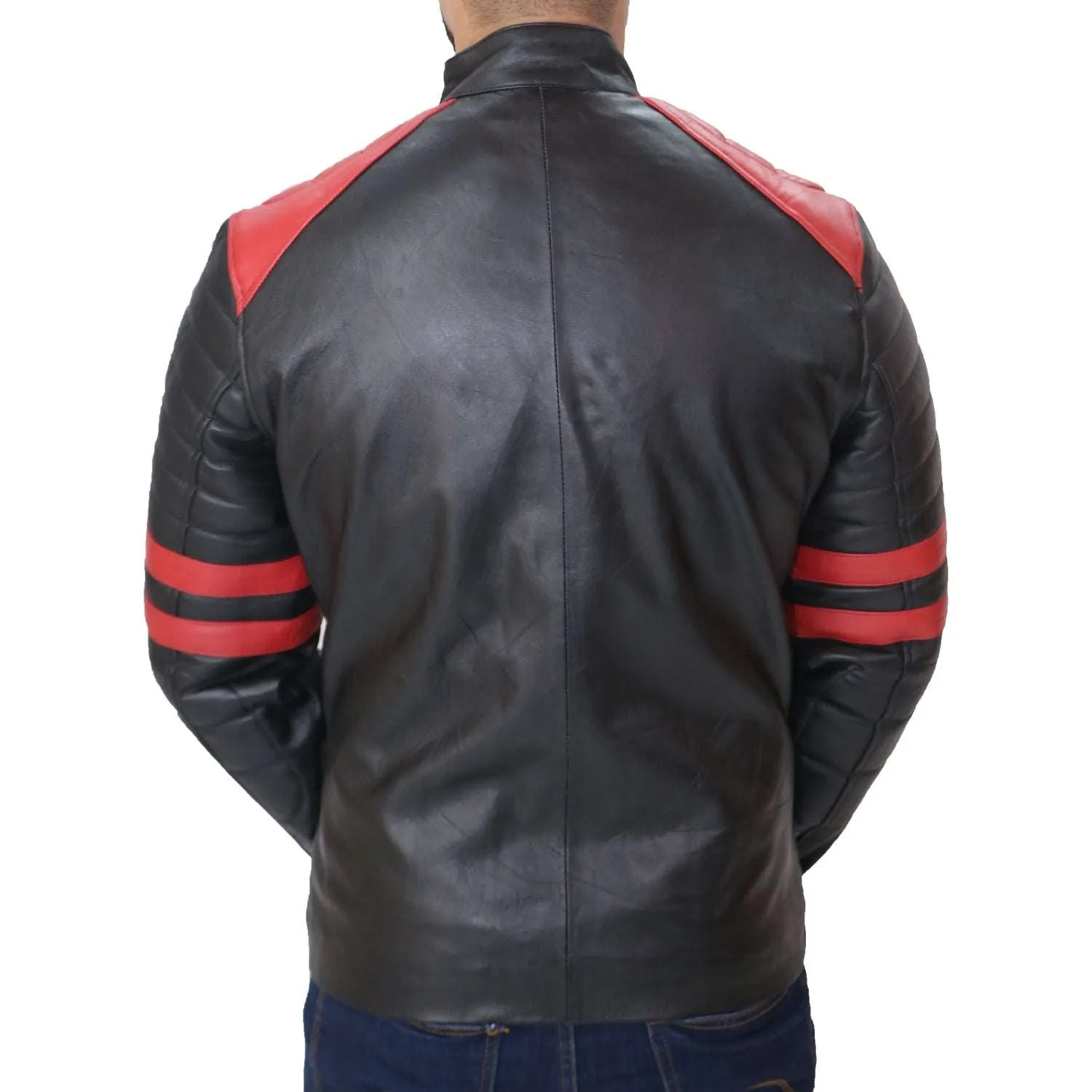 Black Café Racer with Red Strip Genuine Lambskin Leather Jacket