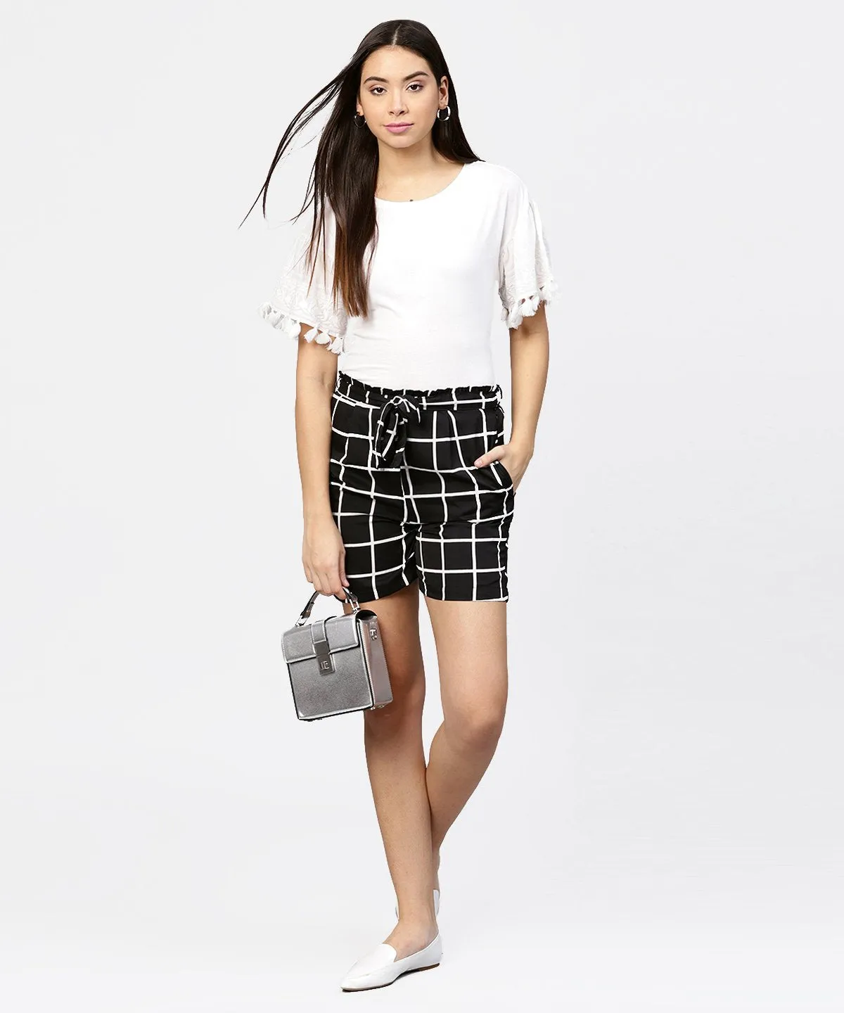 Black Check High Waisted Short With Attached Belt & One Side Pocket