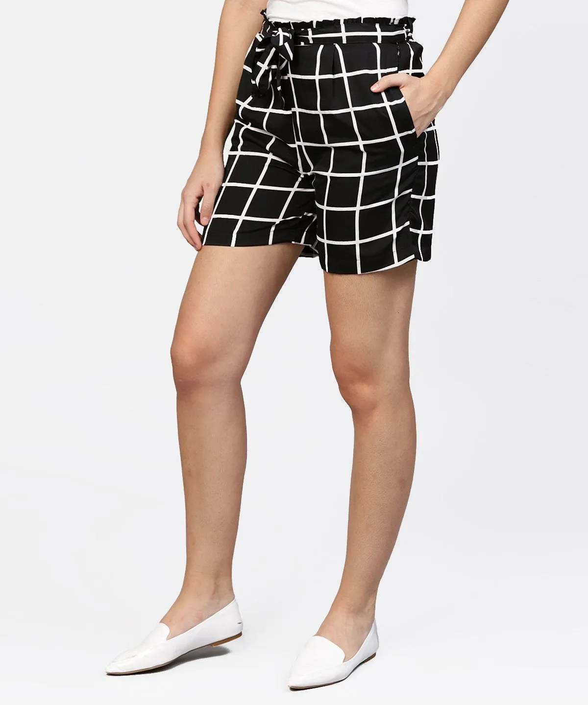 Black Check High Waisted Short With Attached Belt & One Side Pocket