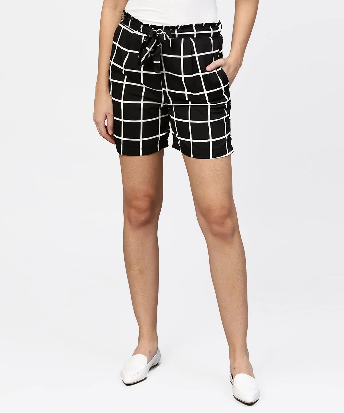 Black Check High Waisted Short With Attached Belt & One Side Pocket