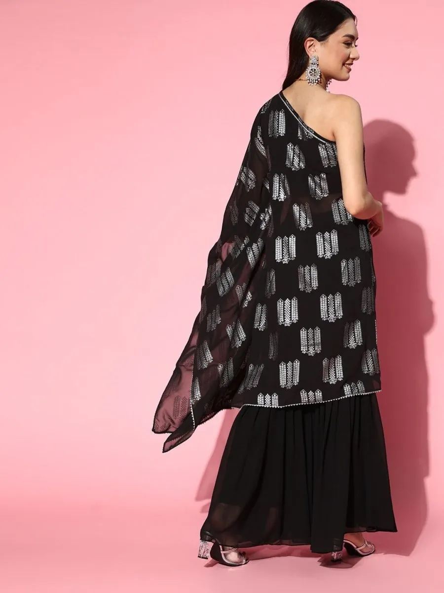 Black Foil Print Kurta with Sharara