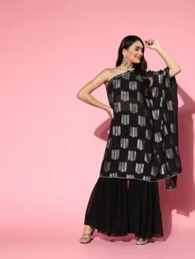 Black Foil Print Kurta with Sharara