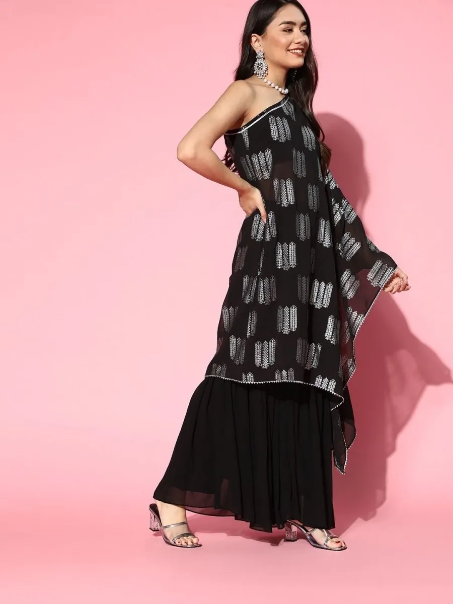 Black Foil Print Kurta with Sharara