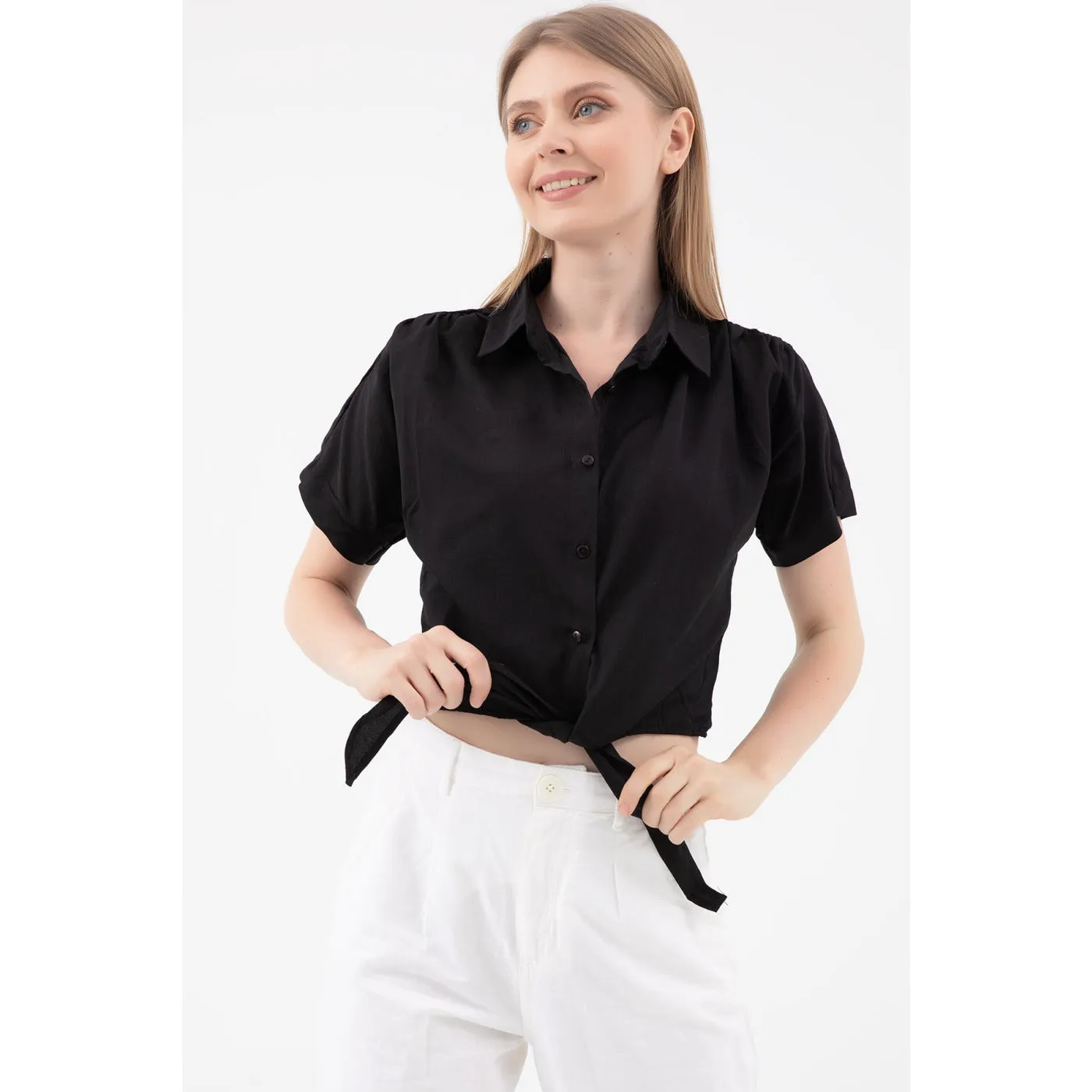 Black Lace-Up Short Sleeve Shirt