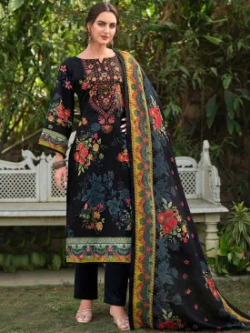 Black Pakistani Print Unstitched Cotton Suit with Embroidery