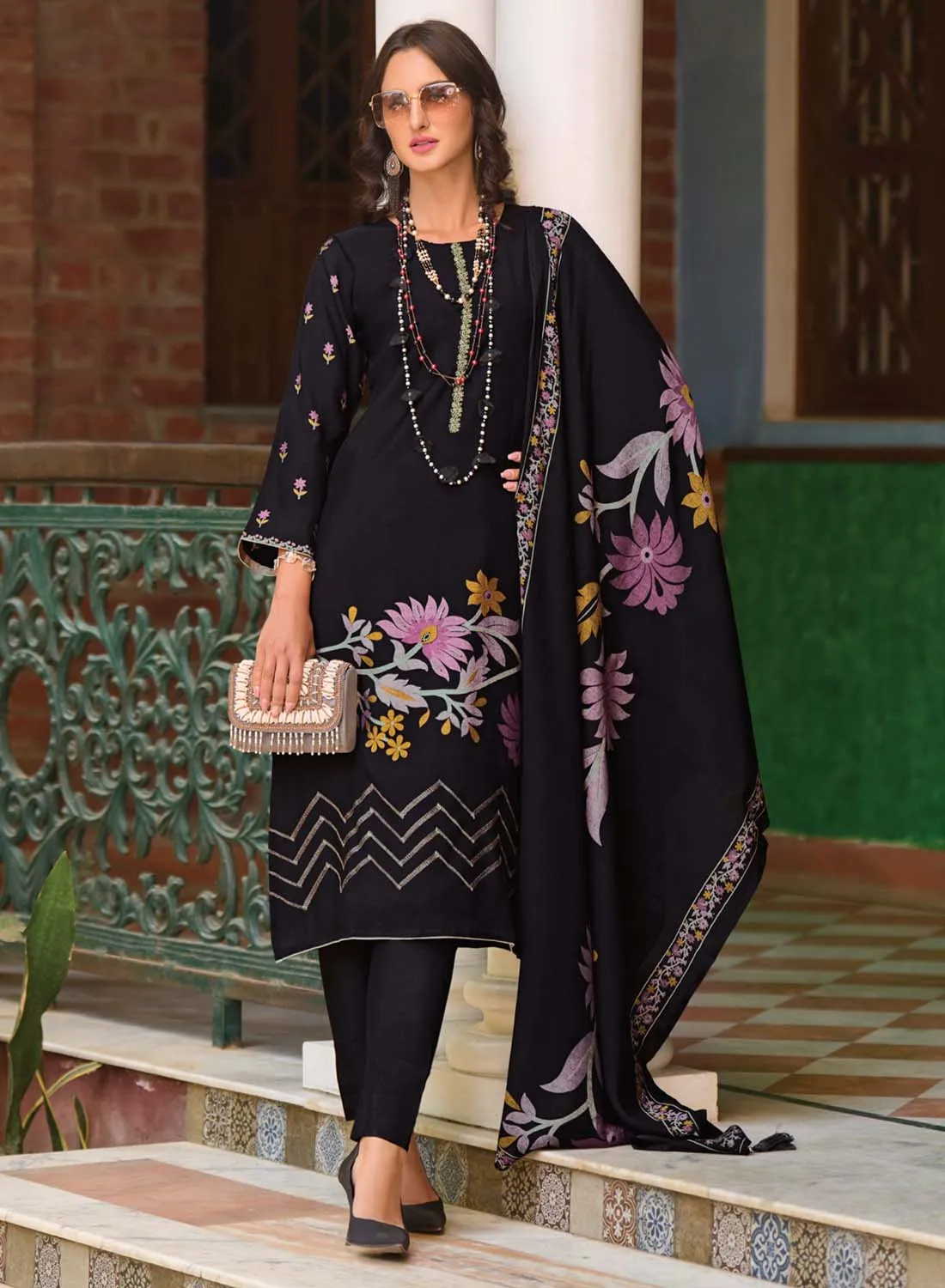 Black Pure Muslin Printed Unstitched Suit Material with Fancy Embroidery