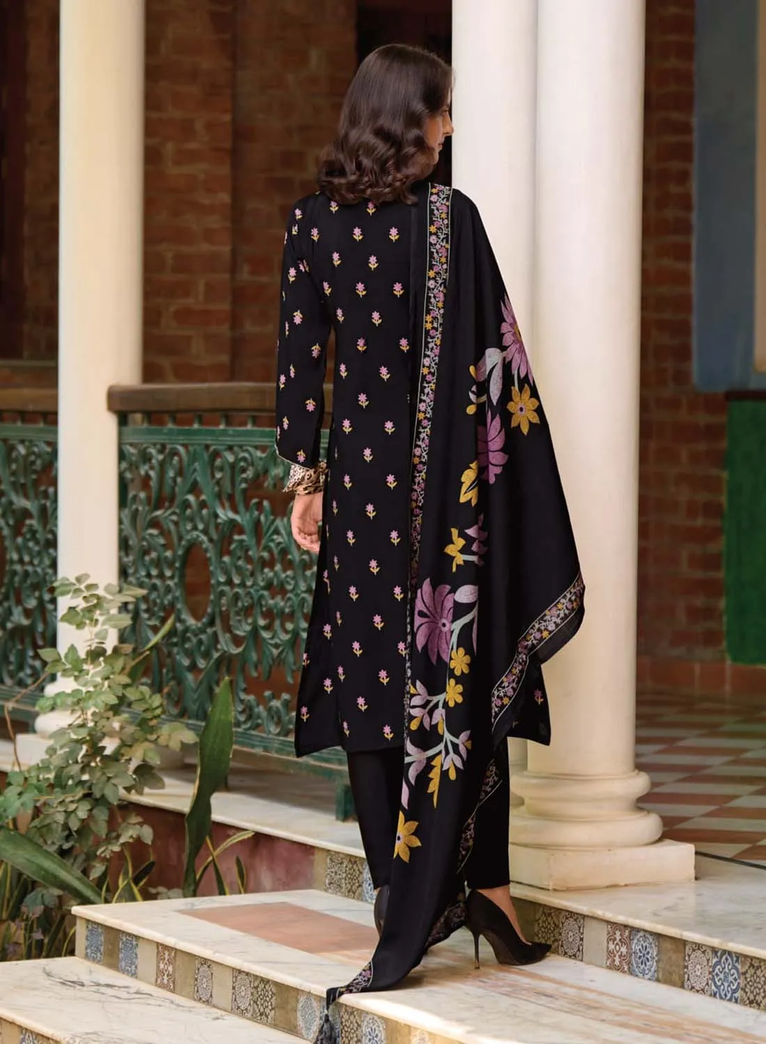 Black Pure Muslin Printed Unstitched Suit Material with Fancy Embroidery