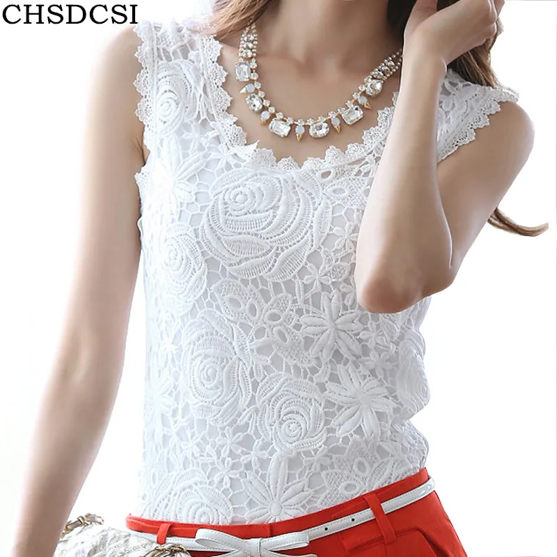 Blusas Femininas 2017 Summer Women Blouse Lace Vintage Sleeveless White Renda Crochet Casual Shirts Tops Plus Size S M L XL XXL