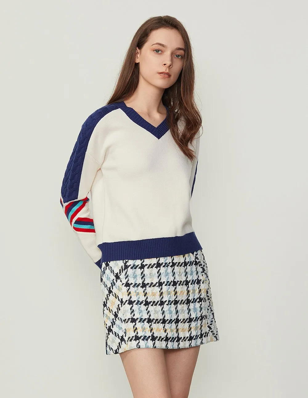 BORA AKSU Denim Waist Splicing Tartan Pattern Tweed Mini Skirt