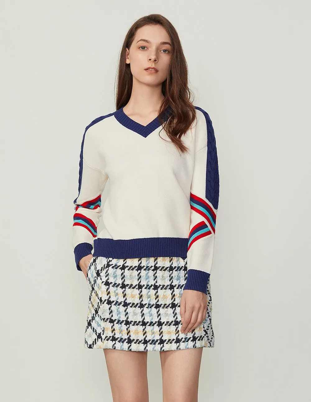 BORA AKSU Denim Waist Splicing Tartan Pattern Tweed Mini Skirt