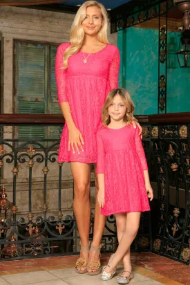 Bright Neon Pink Lace Stretchy Empire Waist Sleeved Mommy & Me Dress