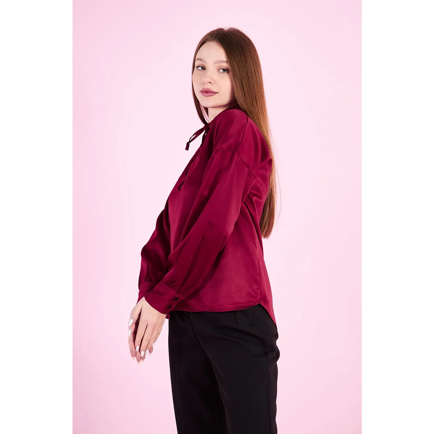 Burgandy Knotted Collar Satin Top