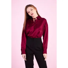 Burgandy Knotted Collar Satin Top