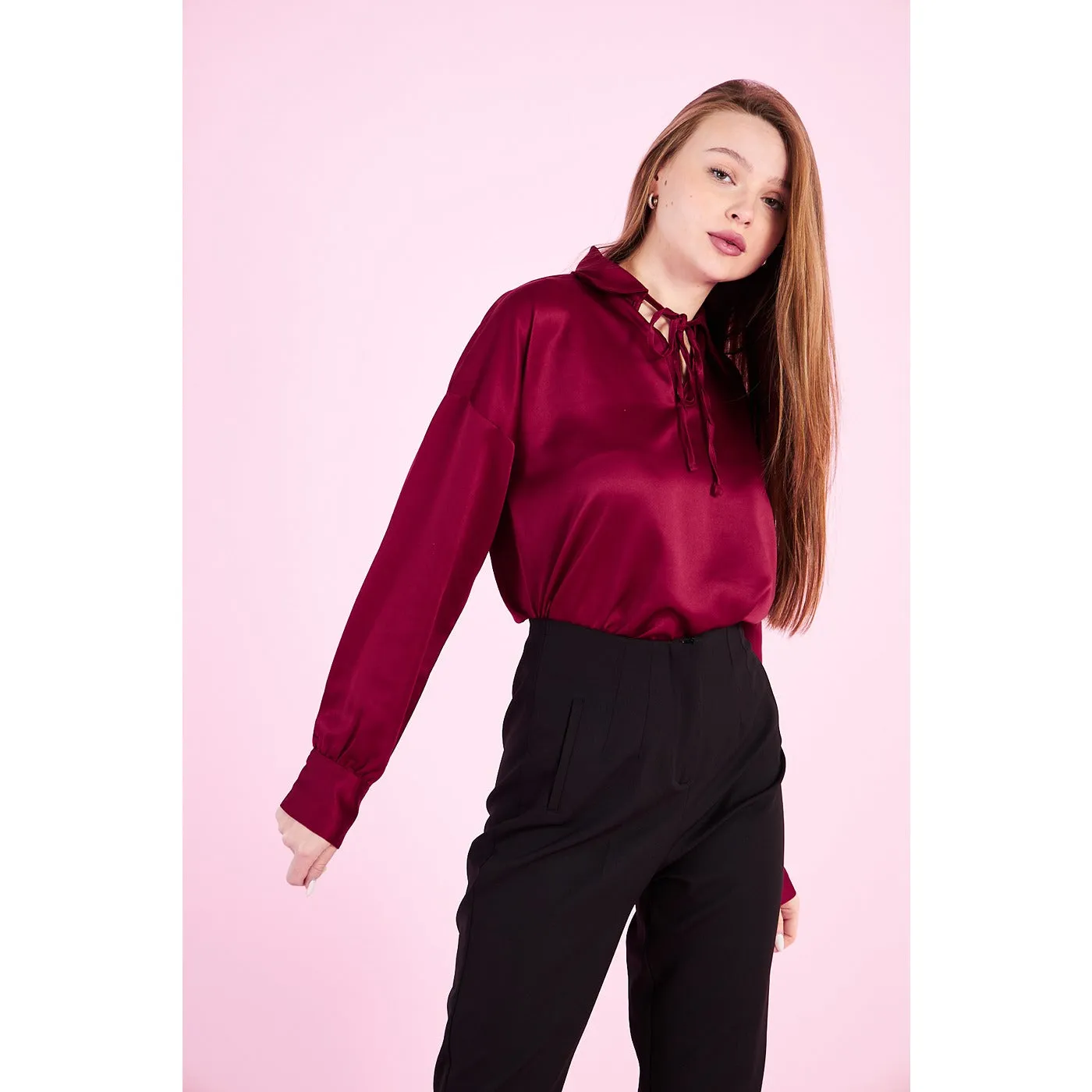 Burgandy Knotted Collar Satin Top