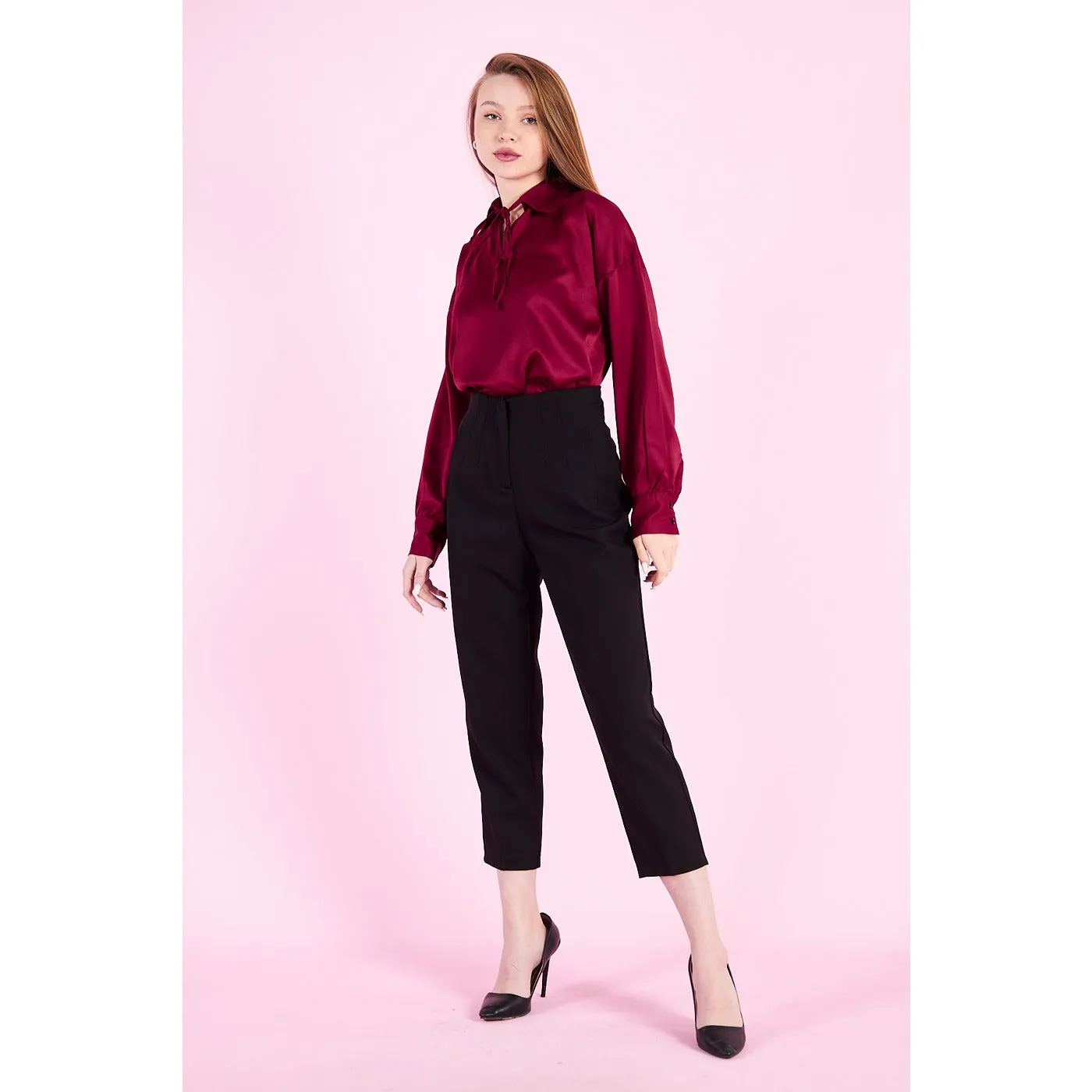 Burgandy Knotted Collar Satin Top