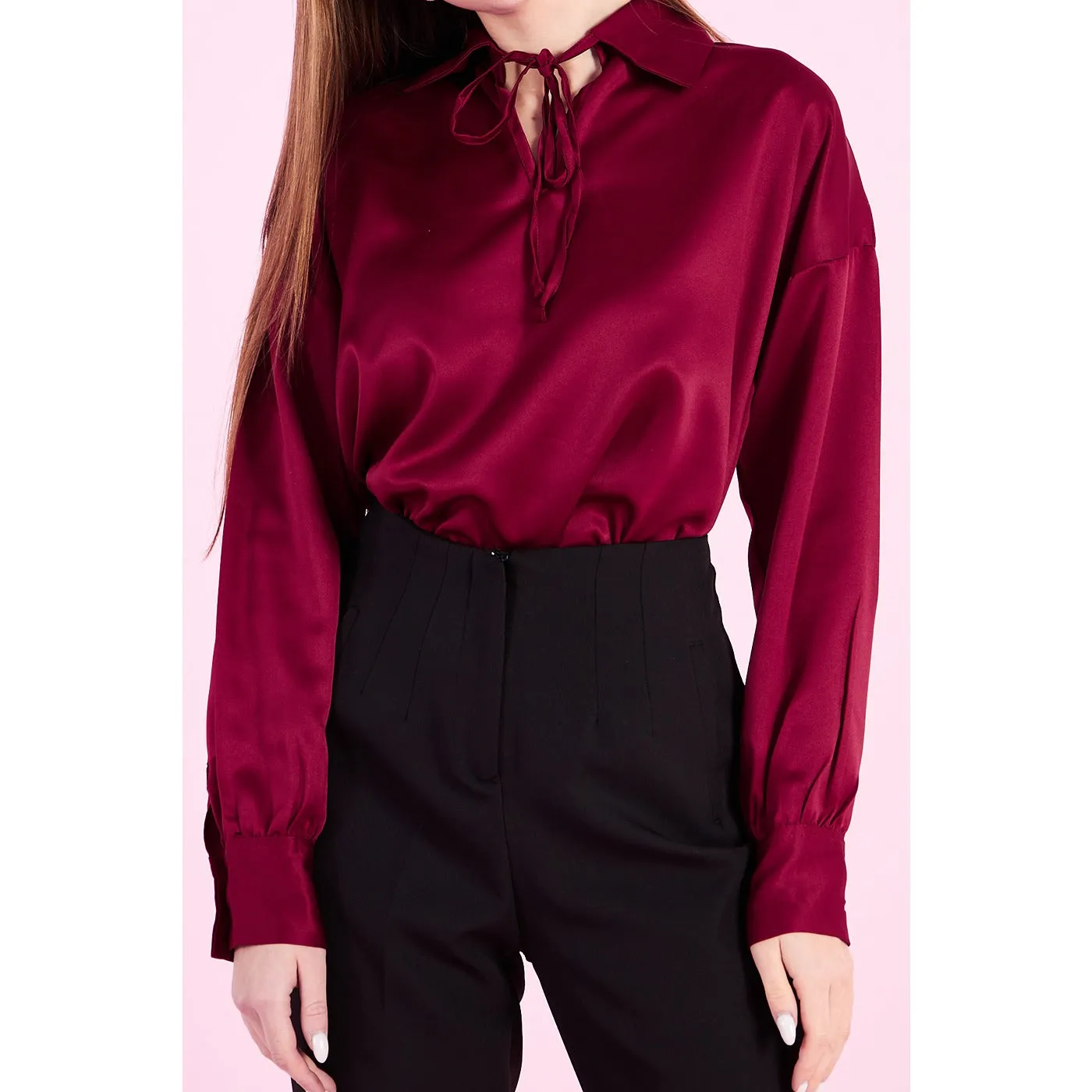 Burgandy Knotted Collar Satin Top