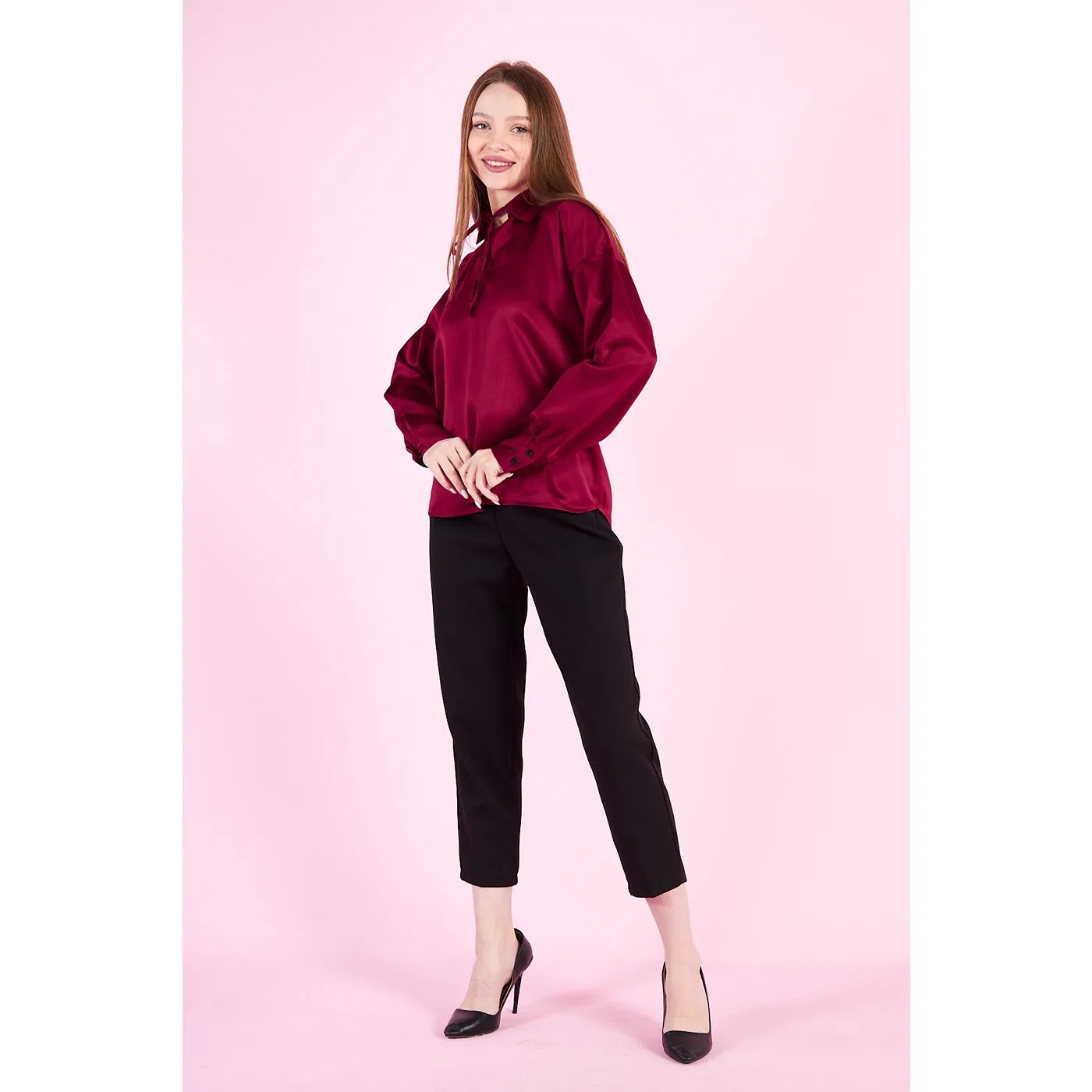 Burgandy Knotted Collar Satin Top