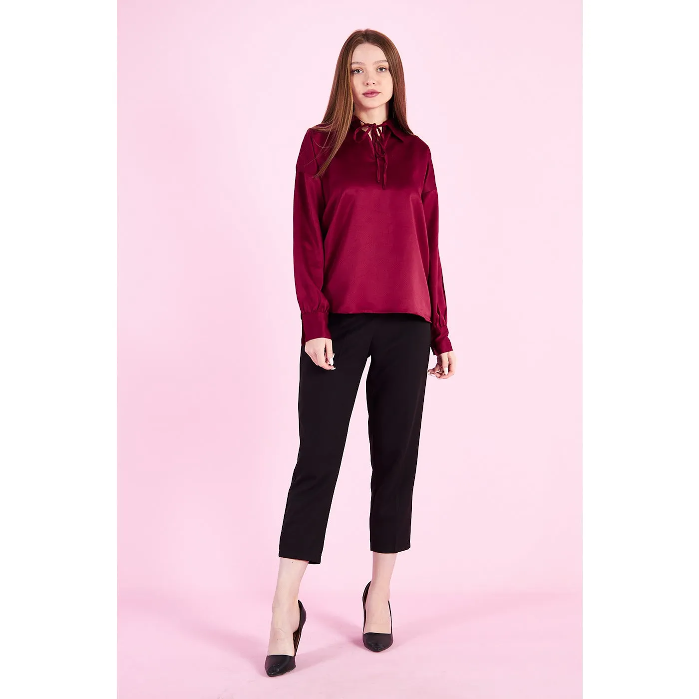 Burgandy Knotted Collar Satin Top