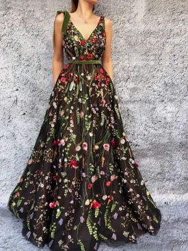 Chic A-line V neck 3D Floral Long Prom Dresses Black Evening Formal Dresses KTS054