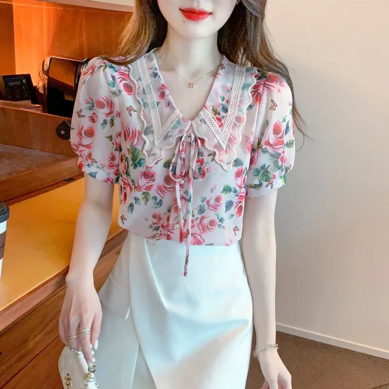 Chiffon Bow Tie Fairy Floral Print Blouse