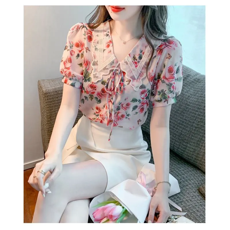 Chiffon Bow Tie Fairy Floral Print Blouse