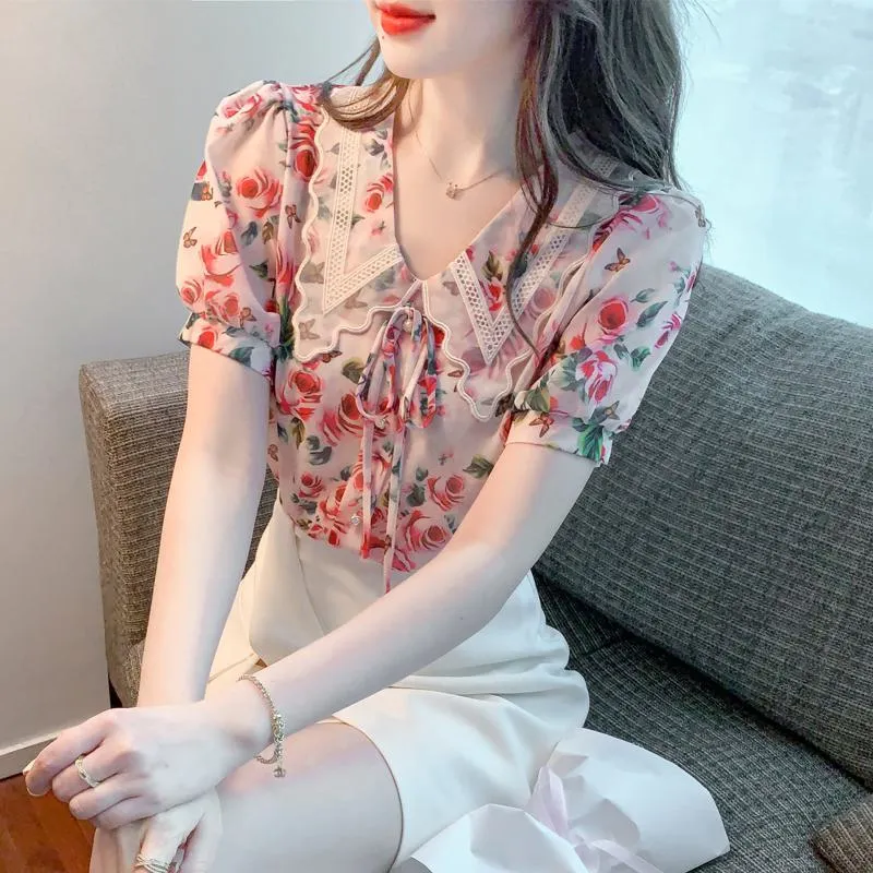 Chiffon Bow Tie Fairy Floral Print Blouse