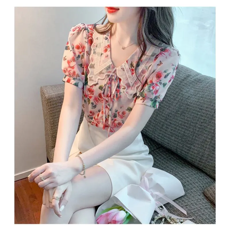 Chiffon Bow Tie Fairy Floral Print Blouse