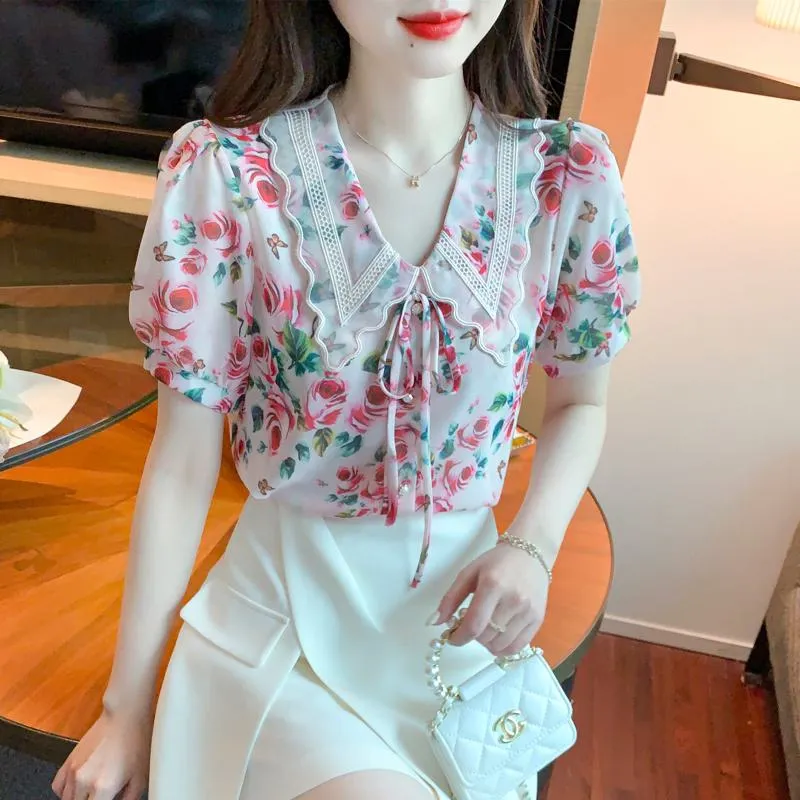 Chiffon Bow Tie Fairy Floral Print Blouse