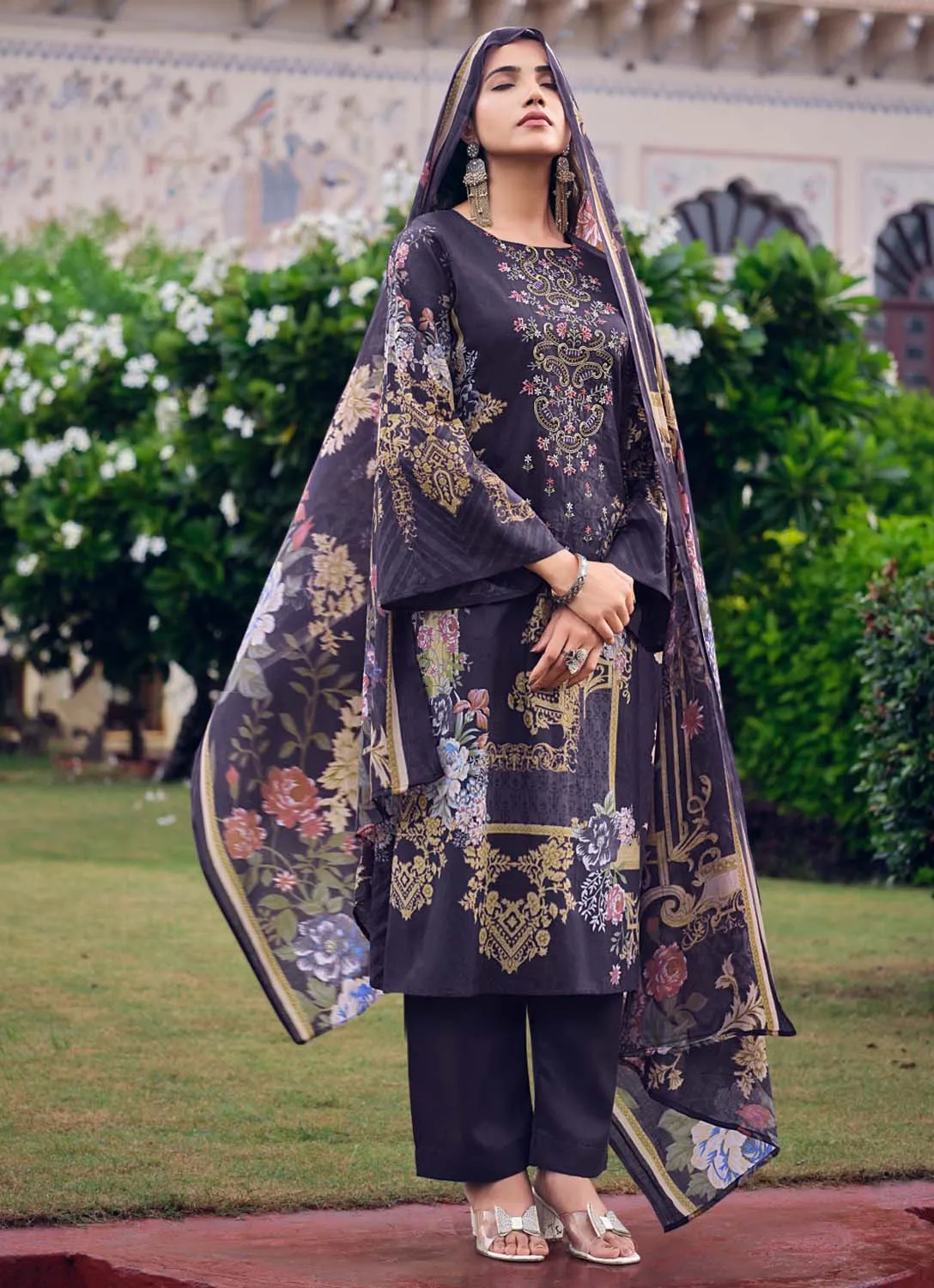 Cotton Pakistani Print Unstitched Embroidered Women Suit Purple