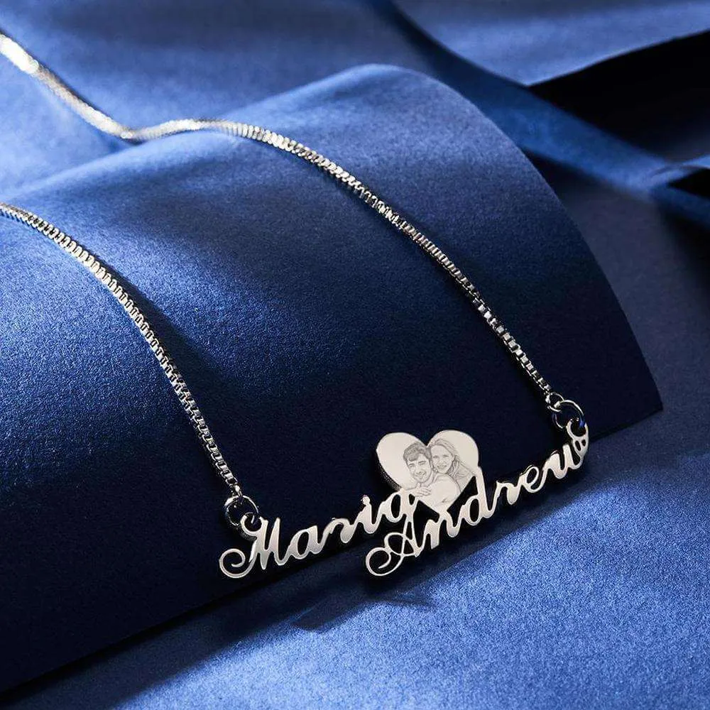 Custom Engraved Heart Photo Necklace Double Plated Name Necklace for Women