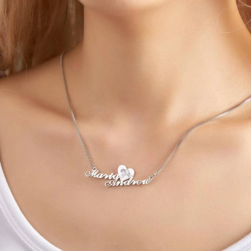 Custom Engraved Heart Photo Necklace Double Plated Name Necklace for Women