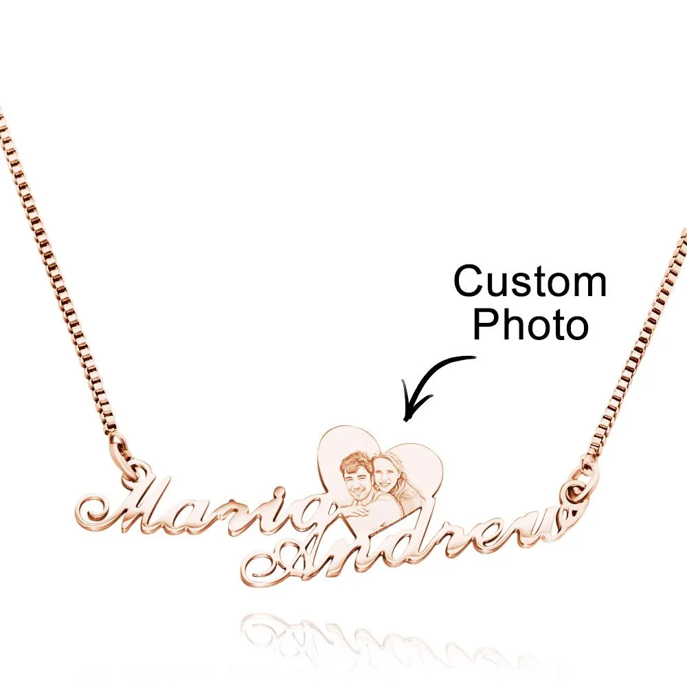 Custom Engraved Heart Photo Necklace Double Plated Name Necklace for Women