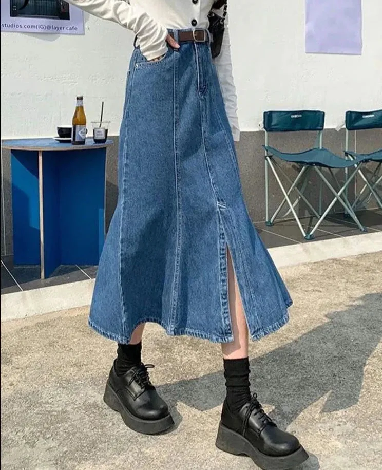 Dark Blue Split Denim Long Skirt Women Spring High Waist Fishtail Skirts Female Korean All-Match Slim Midi Skirts Ladies