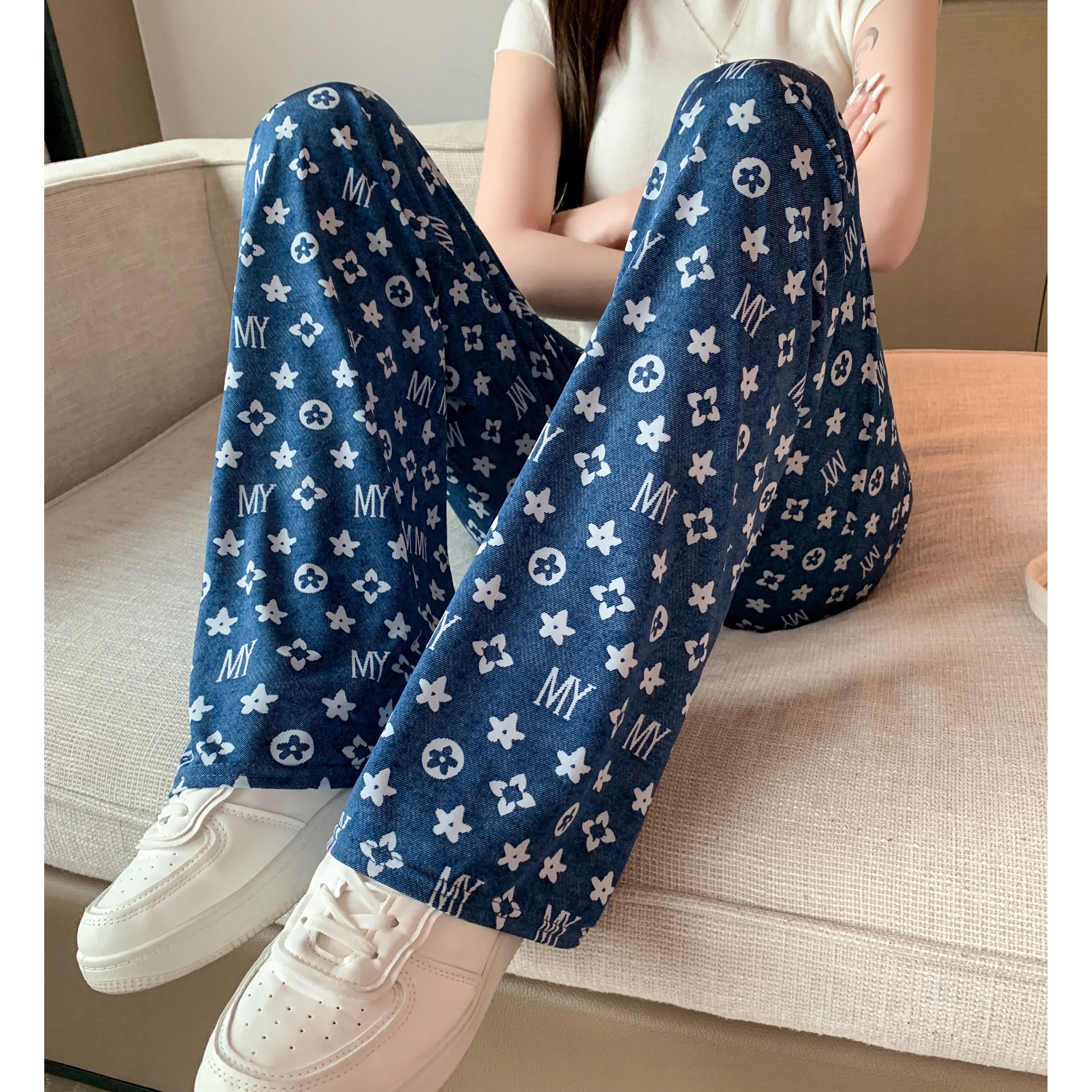 Denim Casual High-Waisted Straight Cool Feeling Sun Protection Draping Cooling Pants